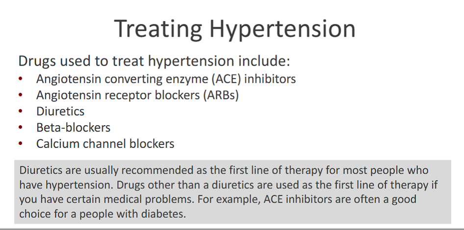 <p>Drugs used to treat hypertension include:</p><p>• Angiotensin converting enzyme (ACE) inhibitors</p><p>• Angiotensin receptor blockers (ARBs)</p><p>• Diuretics</p><p>• Beta-blockers</p><p>• Calcium channel blockers</p>