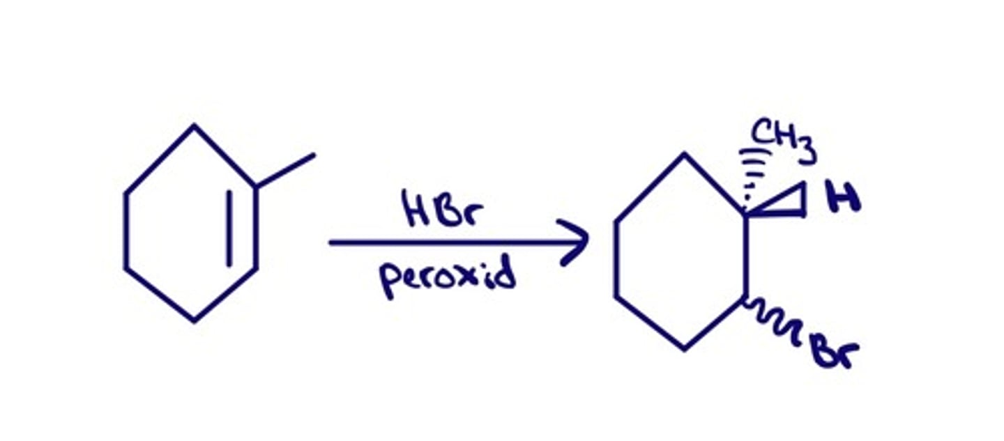 <p>(Requires Strong Acid) - HCl, HBr, HI<br>Anti-Markovnikov<br>No stereochemical control<br>Attaches a hydrogen and a halogen</p>