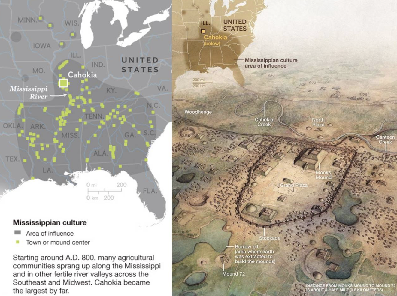 <p></p><ul><li><p>starting around A.D. 800</p></li><li><p>Cahokia became the largest community along the Mississippi and in other fertile river valleys </p></li></ul><p></p>