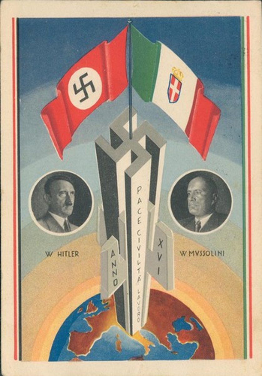 <p>-Formed in November 1, 1936</p><p>-Nazi Hitler from Germany and Fascist Mussolini from Italy became allies with each other threw the Rome-Berlin Axis were they shared the interest of distabalizing European order</p><p>-Musslini then attaacked Ethiopia in 1935 with bombers and tanks and alarmed the Isolationist Americans who feared they might be drawned into agression of the dictators</p>
