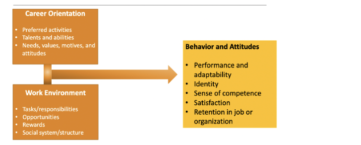 \= suggests that people are attracted to and selected by organizations that match their values and leave when there is no compatibility

career orientation + work environment \= behavior and attitudes

ex. we could expect that extroverts fit well with organizations that value relationships and socialization
