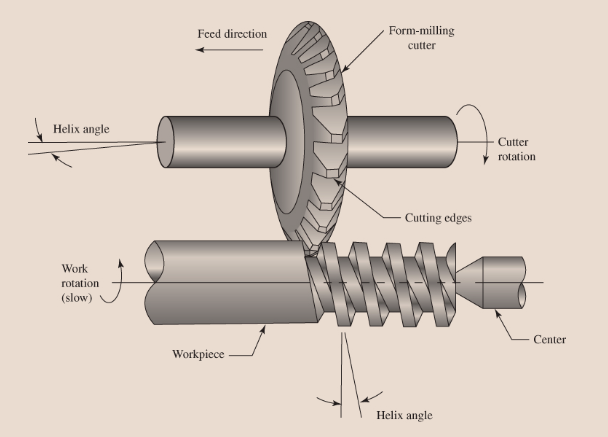 <p>involves the use of a form-milling cutter to shape the threads of a screw. Both internal and external threads can be produced</p>