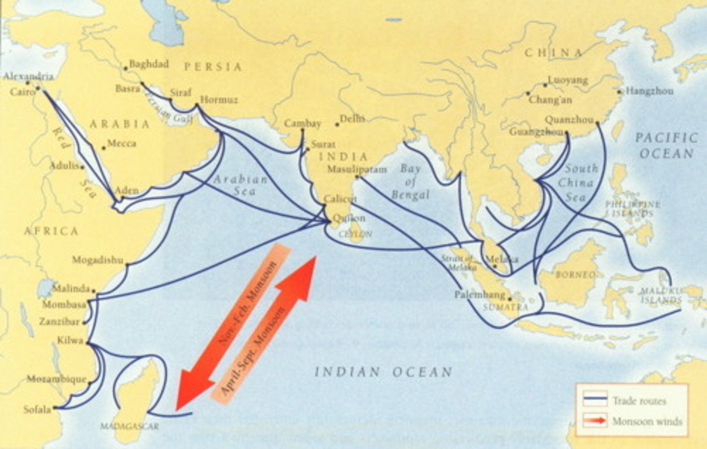 <p>connected Africa, South Asia (India), Southeast Asia and China.; world's' richest maritime trading network in the 13th and 14th centuries - spread of goods, technology (compass, rudder, astrolabe), and religions like Islam and Buddhism</p>