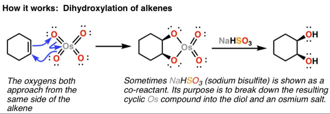 <ul><li><p>adds 2 alcohol groups onto either side of the double bond</p></li><li><p>reduces double bond to alkane</p></li></ul><p></p>