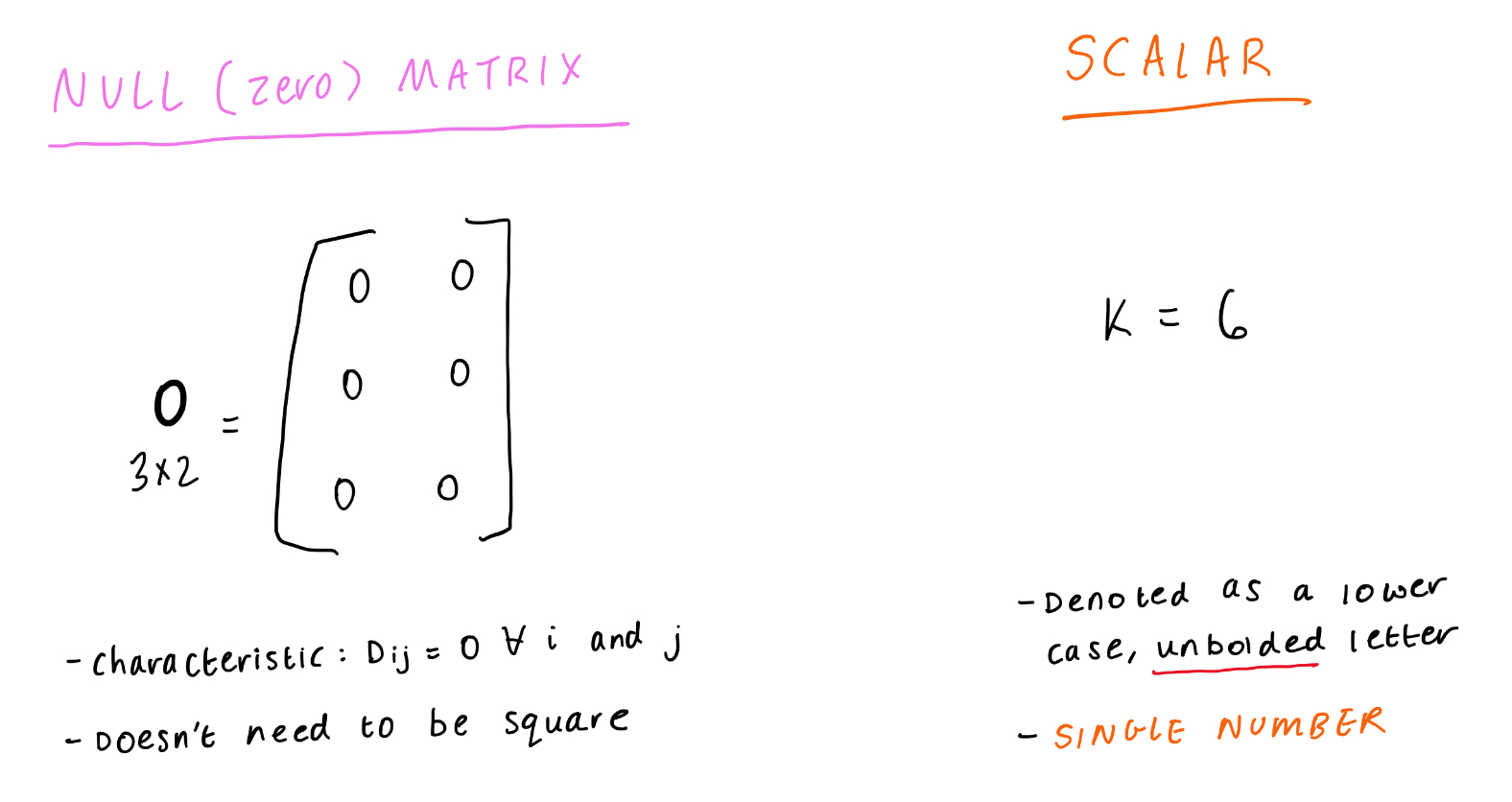<p><em>*don’t ever really see null matrix*</em></p><p><strong>Scalar = 1×1</strong></p>