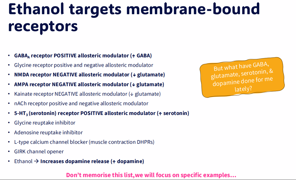 <p>Ethanol targets membrane-bound receptors</p>