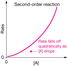 <ul><li><p>As concentration doubles the rate quadruples (as concentration triples the rate increases by 9 etc)</p></li><li><p>The rate increases by the square of the concentration </p></li><li><p>Rate = k[A]<sup>2</sup></p></li></ul><p></p><p></p>