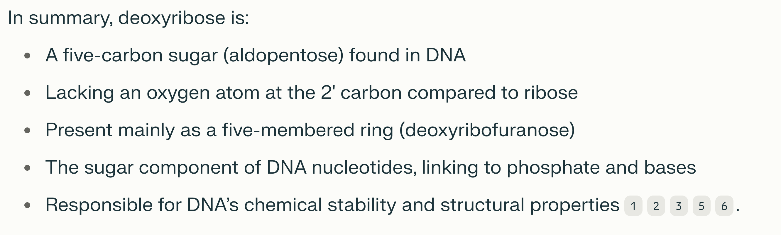 <p><strong>Chọn phát biểu đúng về cấu trúc của Deoxyribose ?</strong></p><p>A. Deoxyribose (hay 3’ – deoxy – D – ribose) là một ribose trong đó thiếu một H ở carbon số 3’ </p><p>B. Deoxyribose (hay 3’ – deoxy – D – ribose) là một ribose trong đó thiếu một OH ở carbon số 3’ </p><p>C. Deoxyribose (hay 2’ – deoxy – D – ribose) là một ribose trong đó thiếu một H ở carbon số 2’ </p><p>D. Deoxyribose (hay 2’ – deoxy – D – ribose) là một ribose trong đó thiếu một OH ở carbon số 2’</p>