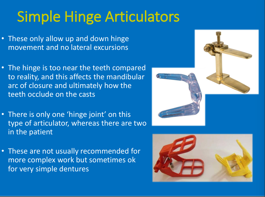 <ul><li><p>Up and down/ no lateral excursion</p></li><li><p>Hinge is close to teeth and only one when patients have 2</p></li><li><p>simple dentures</p></li></ul><p></p>