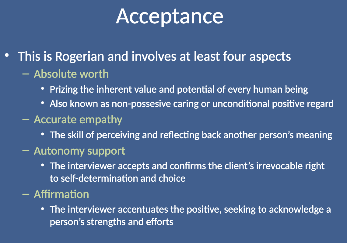 <p>Autonomy support involves accepting and confirming the client’s <strong>irrevocable right to self-determination and choice</strong>. It acknowledges the client’s ability and right to make their own decisions and fosters a sense of empowerment.</p>
