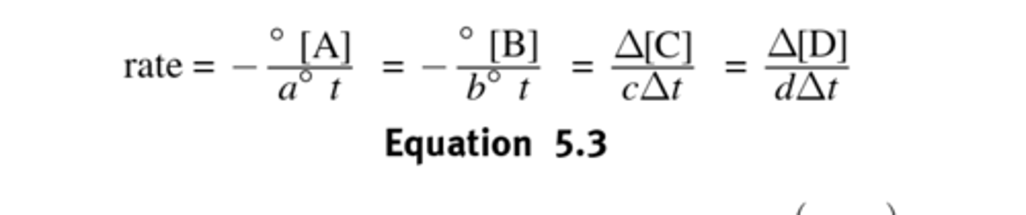 <p>- 2A + B -> C</p><p>- Negative sign in front of the rate expression for the reactants</p><p>- Expressed in moles per liter per sec (mol/ L *s) or molarity per sec (M/ s)</p>