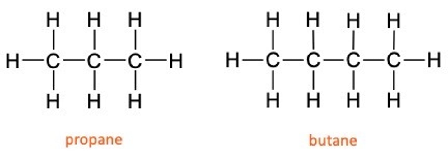 <p>Alkanes - Saturated means contains only single bonds, hydrocarbon means contains hydrogen and carbon only. This family of chemicals are called <strong>alkanes</strong> and this is used in the names.</p>