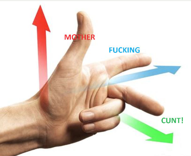 <p>MOTHER FUCKING CUNT</p><p>(Motion, force, current)</p><p>(thumb, forefinger, middle finger)</p>