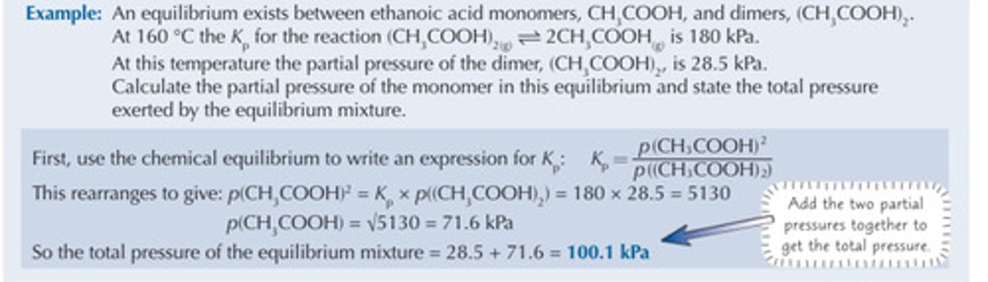 <p>- dimer is formed by HYDROGEN BONDING between monomer molecules</p><p>- this will be disrupted when temperature increases, hence at higher temperature more monomers will be present</p><p>- Kc increases</p>