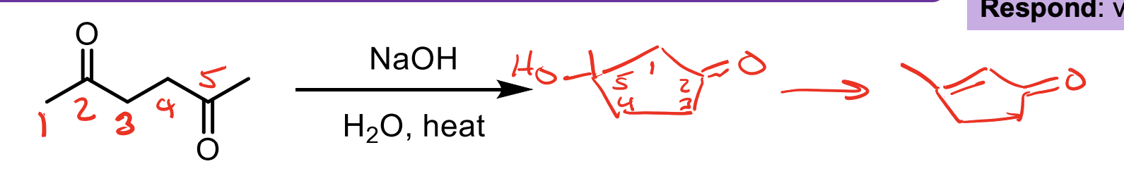 <p>Intramolecular reactions happen faster than intermolecular reactions (if you can form a 5 or 6 membered ring). </p><p>Remember, you’ve heated the product so you’ll do the E1CB reaction and push off the OH via the enol intermediate.</p>