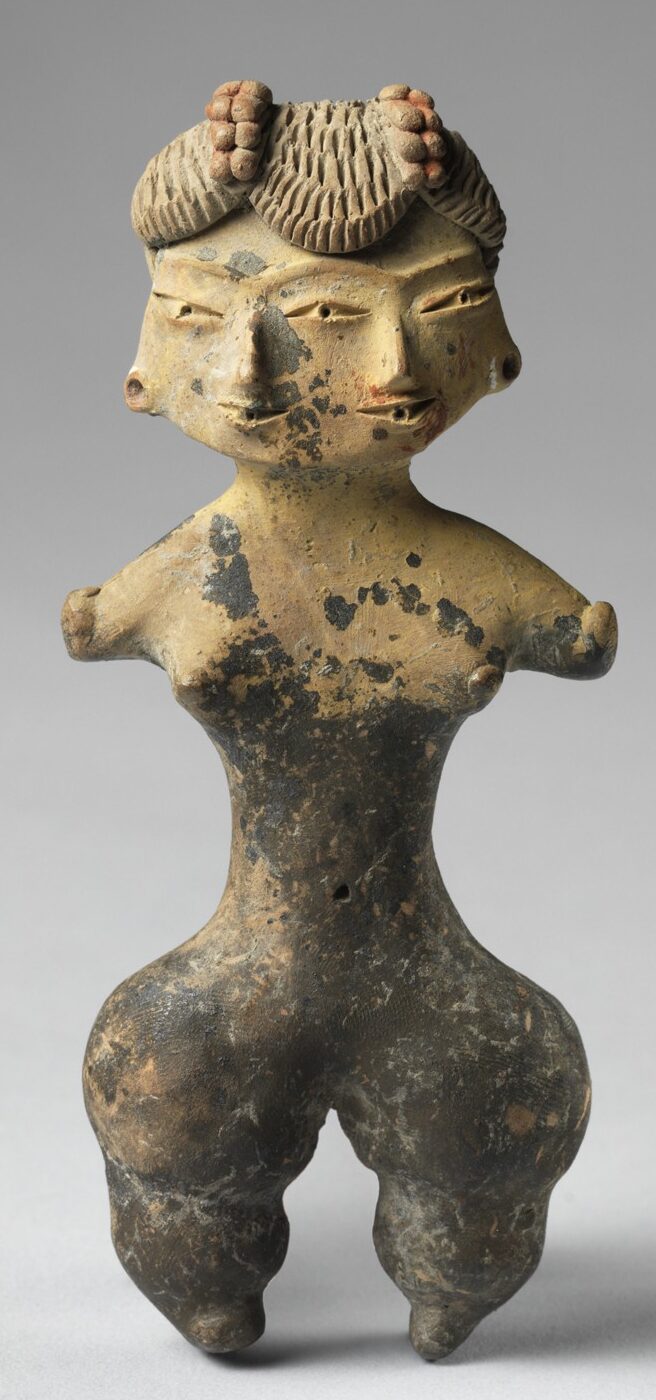 <p>A small ceramic figurine from the Tlatilco culture in Mexico, dating back to around 1,200-900 BCE, often depicting human figures with exaggerated features and elaborate hairstyles, suggesting complex social and ritual practices. Features two faces and elaborate hips (fertility?).</p>