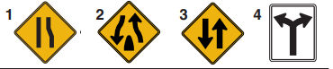 <p>WHICH OF THESE SIGNS IS USED TO SHOW THE END OF A DIVIDED HIGHWAY? </p><p>A. 2 </p><p>B. 4 </p><p>C. 3 </p><p>D. 1</p>