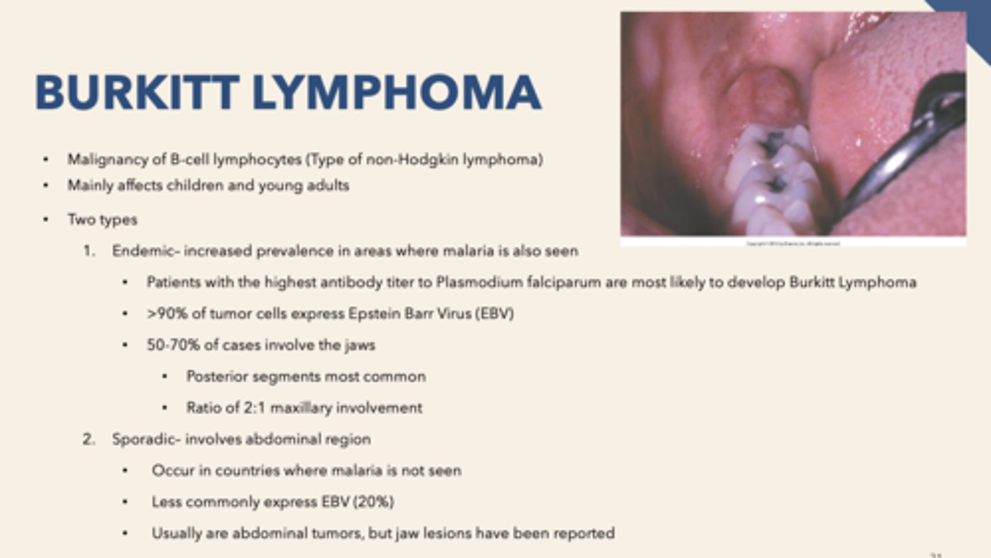 <p>Burkitt's lymphoma (Non- Hodgkin's)</p><p>Hodgkin's Lymphoma</p>