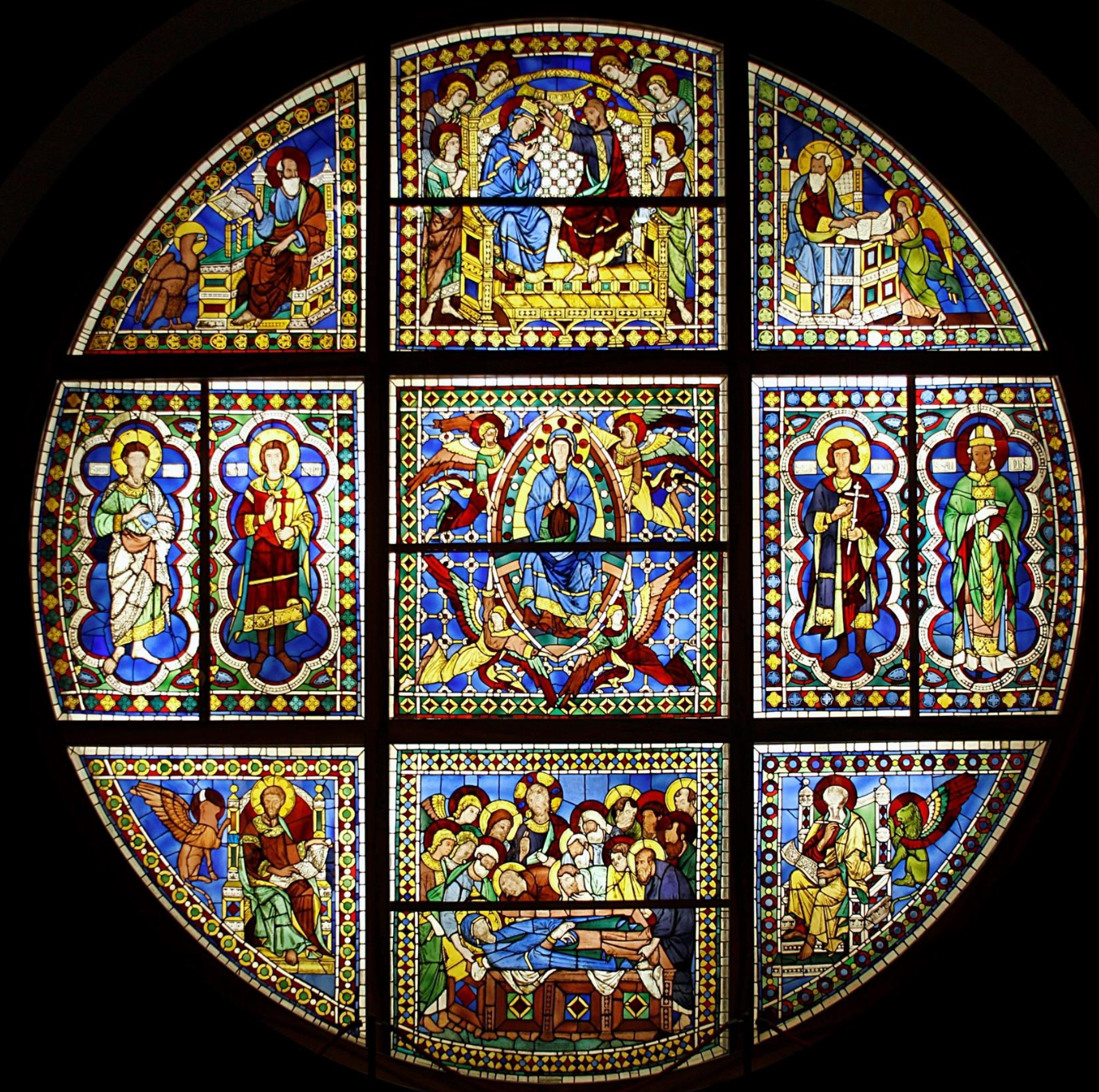 <p>Stained-glass window with episodes of the Life of the Virgin</p>