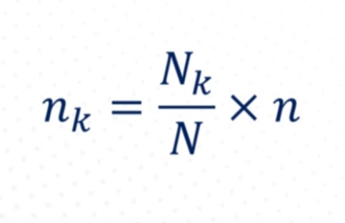 <p>Stratified sampling organizes respondents into subgroups based on shared characteristics.<br><br>Where NkN_kNk​ is the subgroup size, NNN is the population size, and nnn is the sample size.</p>