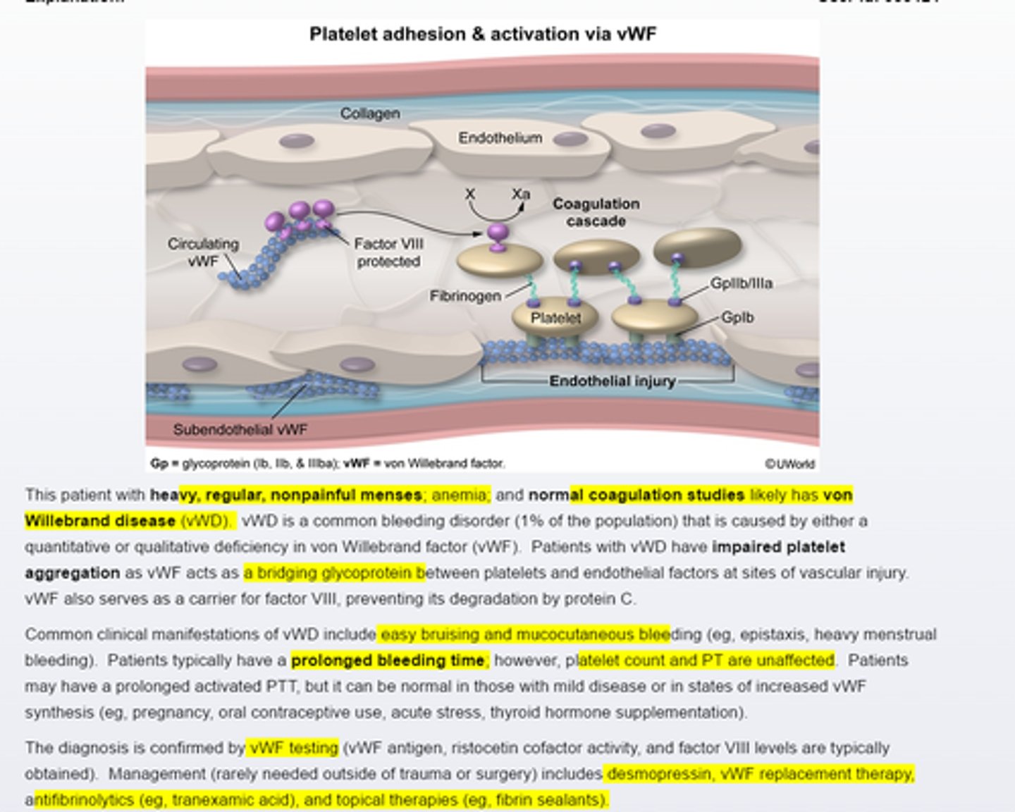 <p>Von willebrand disease is a common bleeding disorder that causes impired platelet aggregation. Typical manfestations include easy brusing and mucocutaneous bleeding (regular, heavy menses). Platelet counts and coagulation studies are often normal, although activated PTT (25~40 seconds )and bleeding time (2-7 mins) may be prolonged</p>