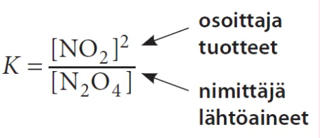 <p>Etenevä reaktio: K=tuotteet/lähtöaineet (kuva)</p><p>Palautuva reaktio: K’=1/K </p>