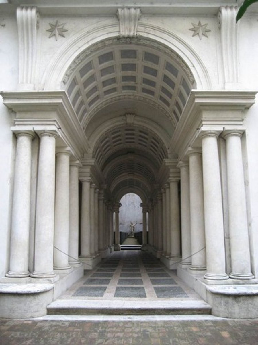 <p>Baroque, 1632, Francesco Borromini</p><p>A visual illusion of a garden at the end of a hallway, significantly smaller than it looks. Clever use of lines and angles.</p>