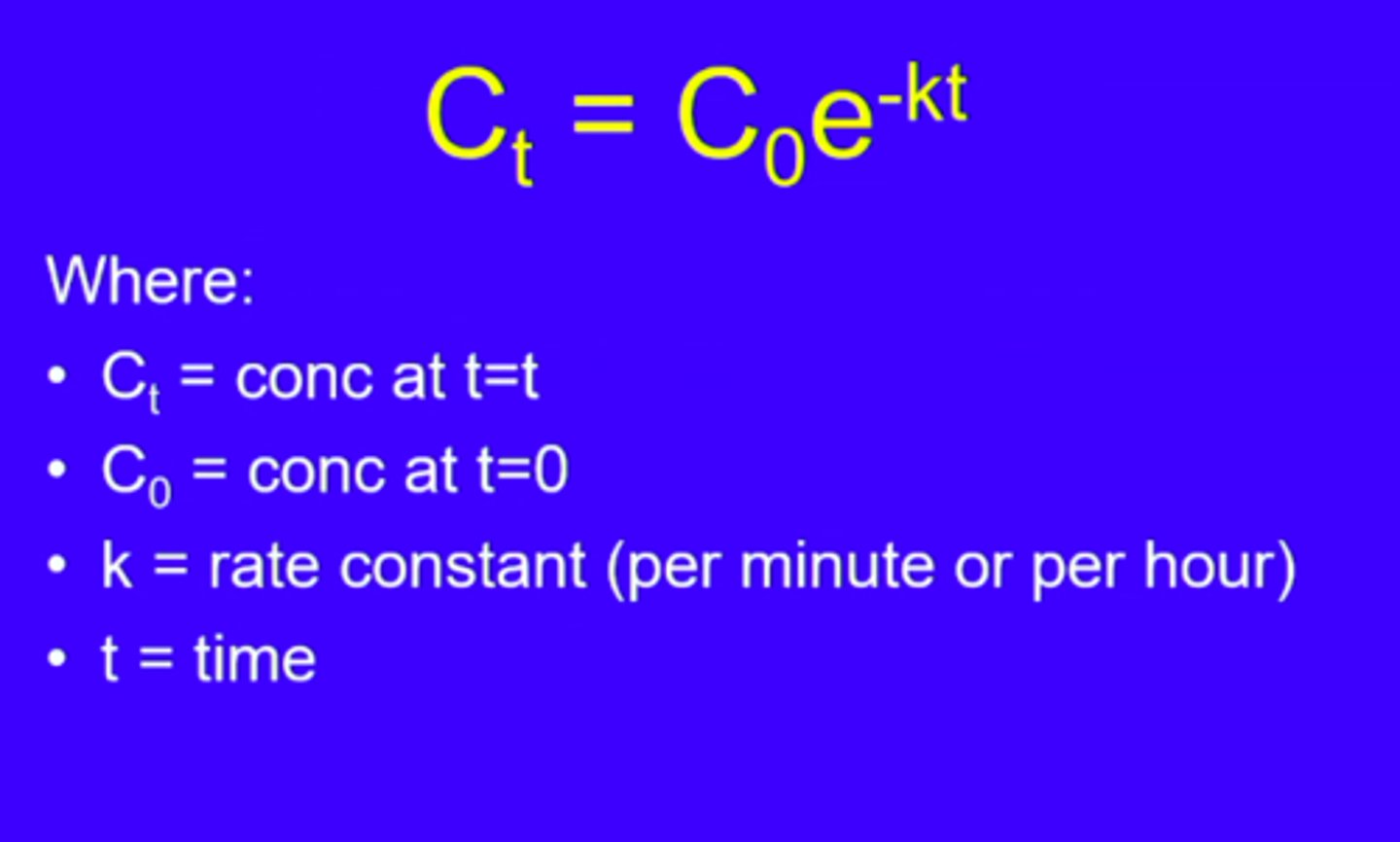 <p>rate of process = dc/dt= -K[C]</p><p>(change in concentration)/ (change in time)= -(rate constant)(concentration of drug at that time)</p><p>C= C0 e^(-Kt)</p><p>linear:</p><p>log C= log C0 - Kt/2.303</p>
