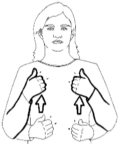 <p>Hold both &quot;A&quot; hand in front of the lower chest and then move them both up at the same time towards the upper chest</p>