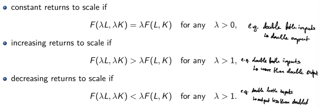 <p>All inputs are multiplied by a constant <span>λ → change in output can be proportional, more than proportional, or less than proportional</span></p>