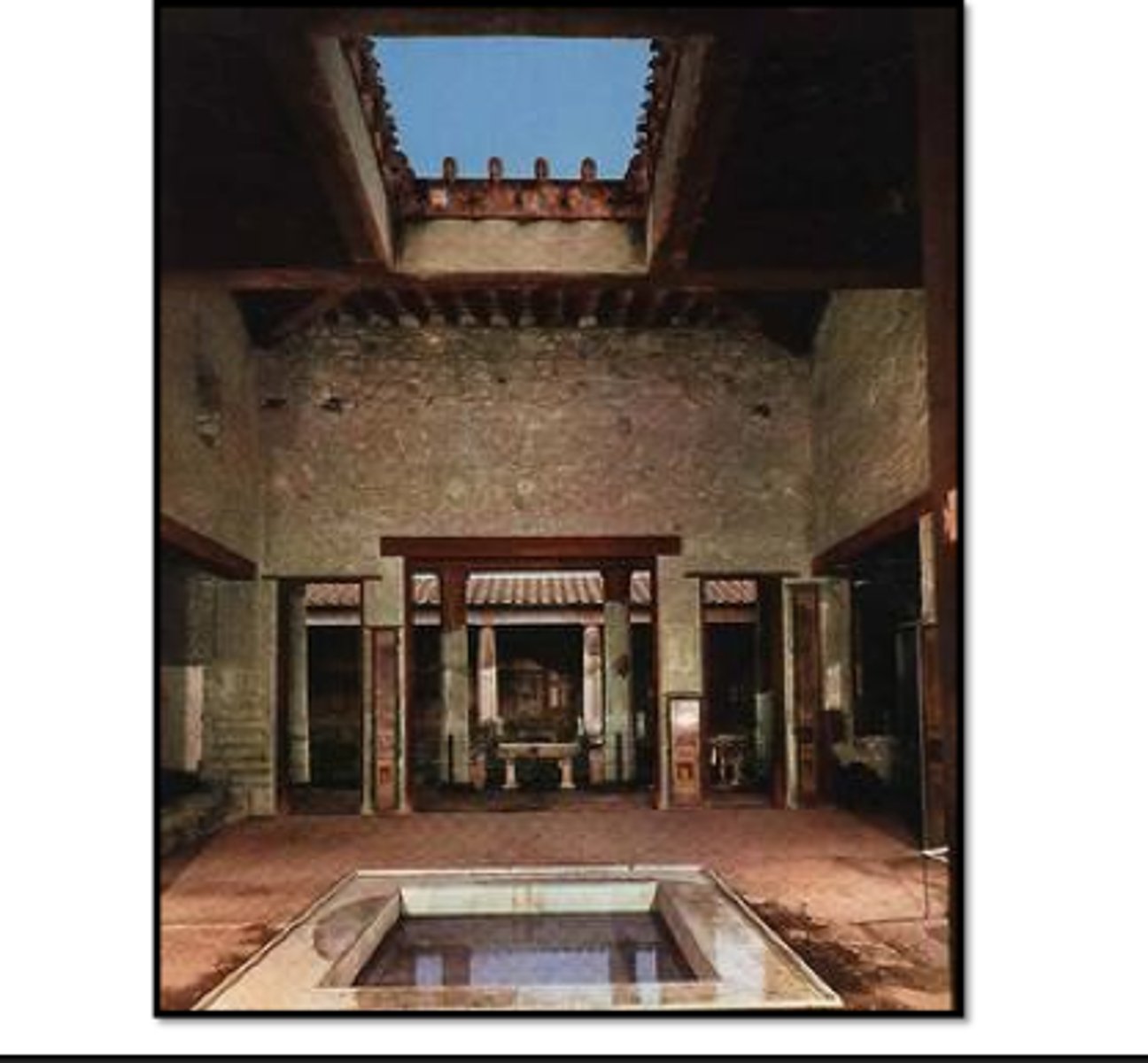 <p>a rectangular basin in a Roman house that is placed in the open-air atrium in order to collect rainwater</p>