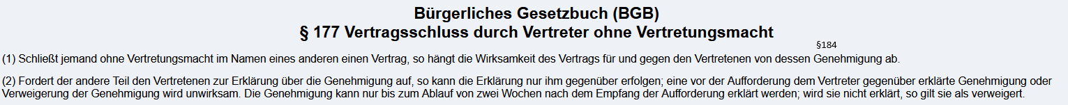 <p>2 Allgemeiner Teil des BGB<br>2.1 Vorausetzungen der Stellvertretung und Rechtsfolgen bei fehlender Vetretungsmacht</p>
