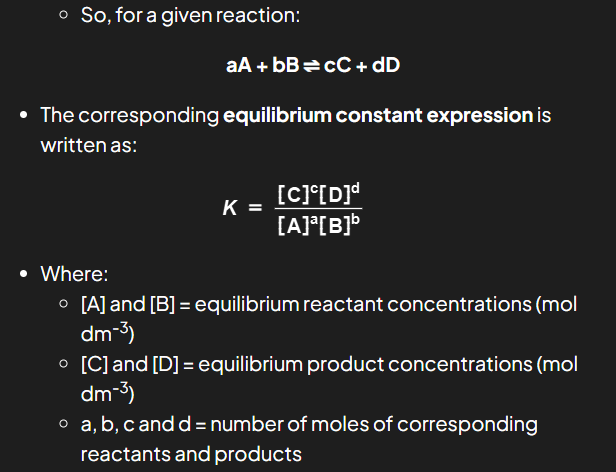 <ul><li><p><strong>Solids</strong> are ignored in equilibrium constant expressions</p></li><li><p>The equilibrium constant, <em>K</em>,&nbsp;of a reaction is specific to a given equation</p></li><li><p>The&nbsp;<em>K<sub>c</sub></em>&nbsp;of a reaction is specific and only changes if the&nbsp;<strong>temperature</strong>&nbsp;of the reaction changes</p></li></ul><p></p>