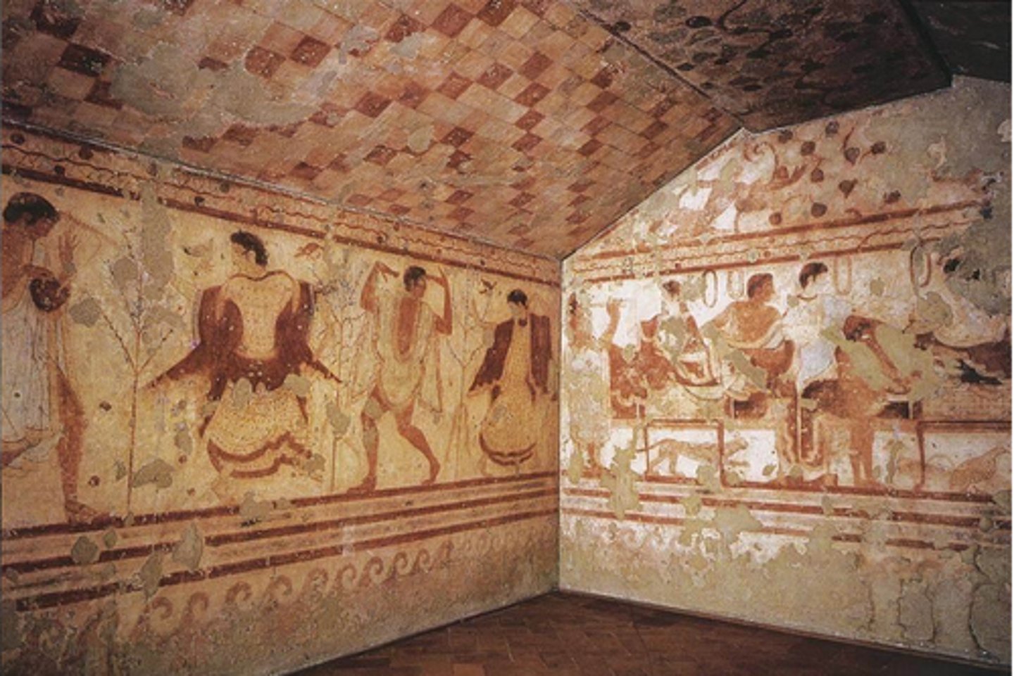 <p>Form:<br>-tufa and fresco<br>-wall paintings<br>-great detailed piers<br>-color coding to show genders (not race)<br>Content:<br>-pictures people casually dining in triclinium (reclined on couches)<br>-fully furnished<br>-lively paintings of people dancing and in motion<br>Function:<br>-keep record of domestic life<br>-holds ashes (crematorium) and any other offerings to the dead<br>Context:<br>-Tarquinia, Italy<br>-Estruscan 480-470 BCE</p>