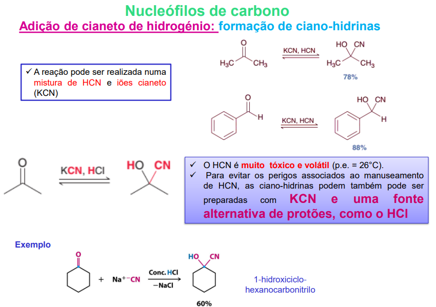 <ul><li><p>o HCN é muito tóxico e volátil</p></li><li><p>para evitar os perigos associados ao manuseamento de HCN, as ciano-hidrinas podem também ser preparadas com KCN e uma fonte alternativa de protões (HCl)</p></li></ul><p></p>