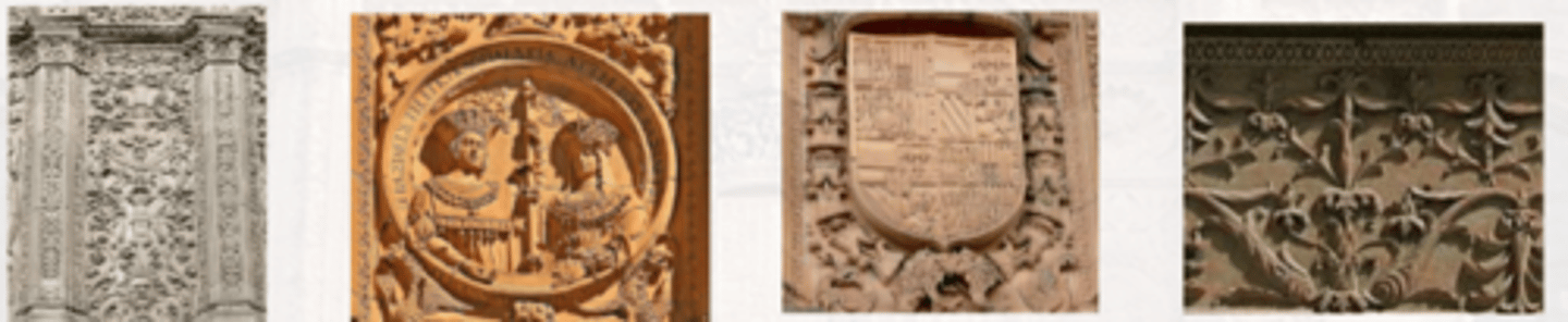 <p>grutescos, medallón, escudo, delfines</p>