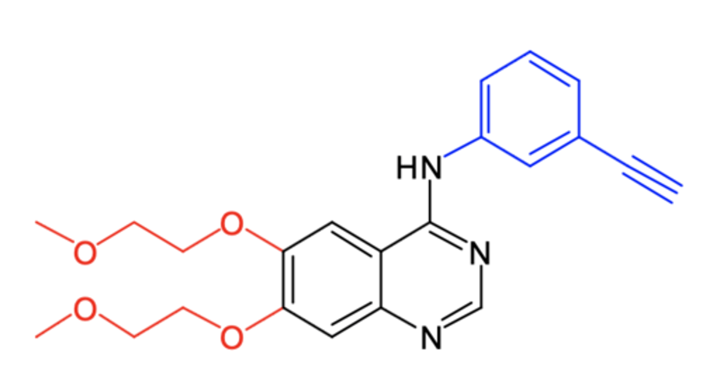 <p>(EGFR inhibitor -- RTKI)</p><p>ROA: oral, QD</p><p>MOA: EGFR/HER1 inhibitor</p><p>indication: NSCLC, metastatic pancreatic cancer</p><p>ADME: biliary excretion, 60% absorption</p><p>AE: fatigue, rash, diarrhea, anorexia</p><p>- potentially fatal hepatotoxicity may be induced by this drug due to the formation of electrophilic quinoneimone</p>