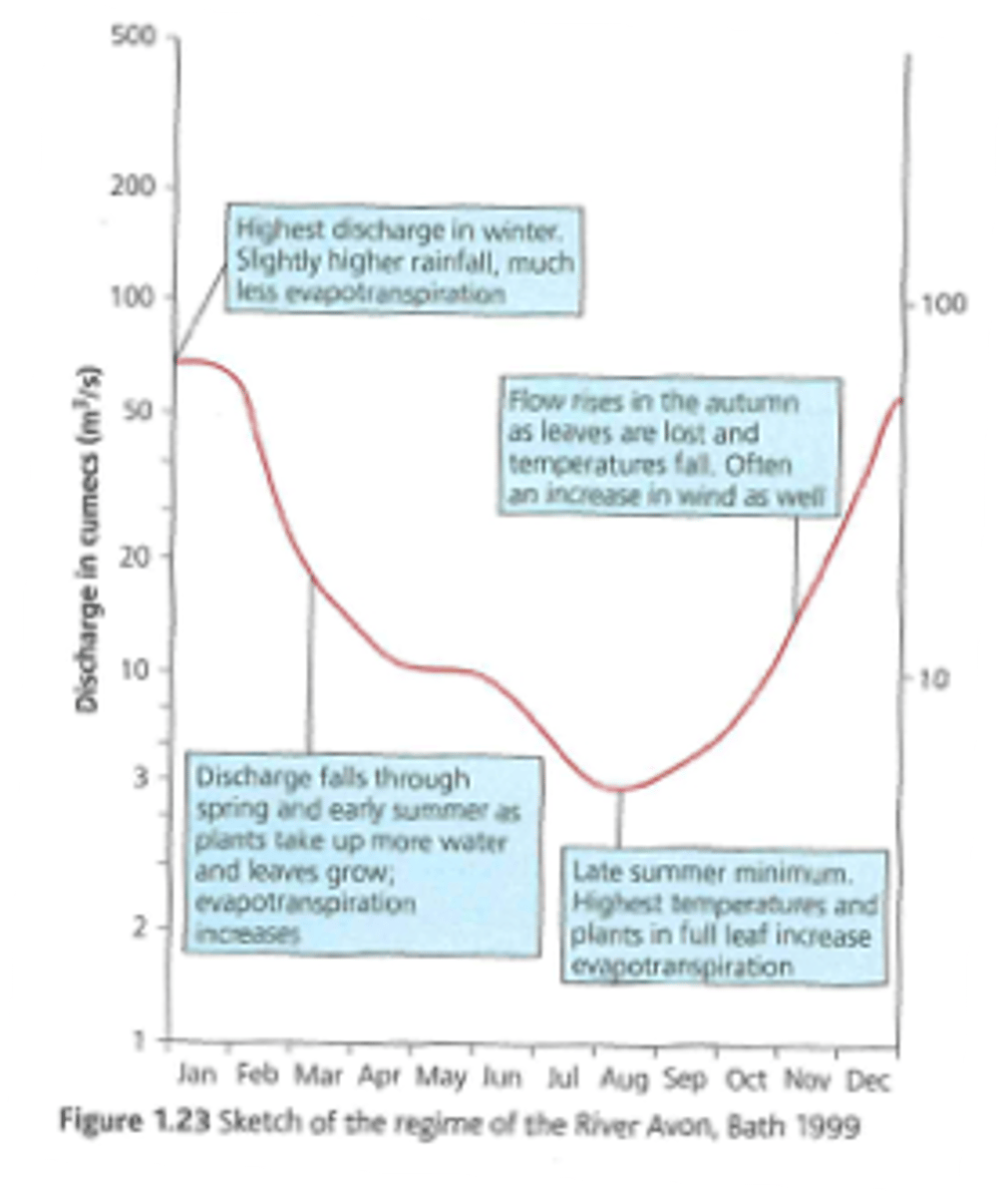 <p>UK rainfall is fairly evenly distributed throughout the year with a slight increase in autumn/winter<br>... seasonal variations in temperature means ET losses are concentrated in the summer<br>... this gives the 1500 rivers in the UK a marked seasonality<br><br>- Higher discharge in winter, slightly higher rainfall and much less evapotranspiration<br><br>- Discharge falls through the spring and early summer as plants take up more water and leaves grow, so evapotranspiration increases<br><br>- Late summer minimum, higher temps, and plants in full leaf increase evapotranspiration<br><br>... geological characteristics of catchments also influence regime: Comparing two tributaries of the river Thames (River Ock and River Lambourne) where they have identical climates but different rock types<br><br>- River Ock = impermeable clay<br><br>- River Lambourn = permeable chalk<br><br>... River Ock has more flashy response to same rainfall events in comparison to the aquifer fed Lambourn</p>