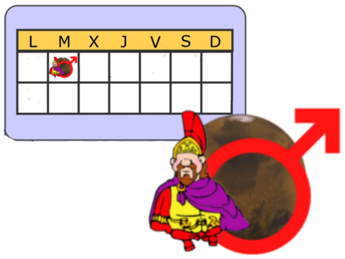 <p>вівторок</p><p>el martes - у вівторок</p><p>los martes - по вівторках (регулярно)</p><p>todos los martes = cada martes- кожного вівторка</p><p>e.j. El - no tengo clases.</p>