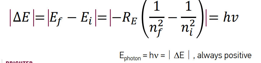 <p>The difference between two of these energies determines a transition energy equal to the energy of the photon emitted or absorbed.</p><ul><li><p>E > 0: absorption of a photon </p></li><li><p>E < 0: emission of a photon</p></li></ul><p></p>