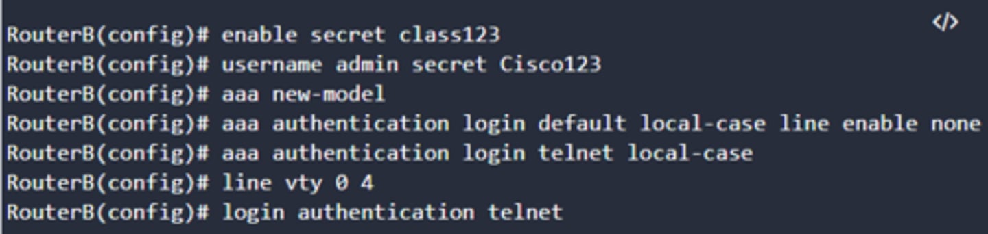 <p>An administrator workstation connects to a switch that connects to the Fa0/0 port of RouterA. RouterA connects to RouterB through serial interfaces labeled S0/0/1 on both routers. The following configuration is applied to RouterB.</p><p>Refer to the exhibit. The administrator can ping the S0/0/1 interface of RouterB but is unable to gain Telnet access to the router by using the password cisco123. What is a possible cause of the problem?</p><p>a) The wrong vty lines are configured.</p><p>b) AAA authorization is not configured.</p><p>c) The administrator has used the wrong password.</p><p>d) The administrator does not have enough rights on the PC that is being used.</p><p>e) Navigation Ba</p>