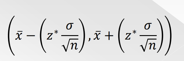 <p> Steps to make a 𝑍 interval:</p><p>1. Verify that the requirements are satisfied:</p><p>&nbsp; &nbsp; &nbsp;  We have a simple random sample</p><p>&nbsp; &nbsp; &nbsp;  The population standard deviation 𝜎 is known</p><p>&nbsp; &nbsp; &nbsp;  The variable appears to be normally distributed in the population.</p><p>2. Refer to the standard normal table to find the critical value 𝑍<sub>1-a/2</sub> that corresponds to the desired confidence level.</p><p>3. Evaluate the margin of error: z<sup>*</sup>&nbsp;𝜎/sqroot(n)</p><p>4. Using the calculated margin of error and the value of the sample mean x̄, find the limits of the confidence interval: x̄ − margin of error and x̄ + margin of error.</p><p></p>