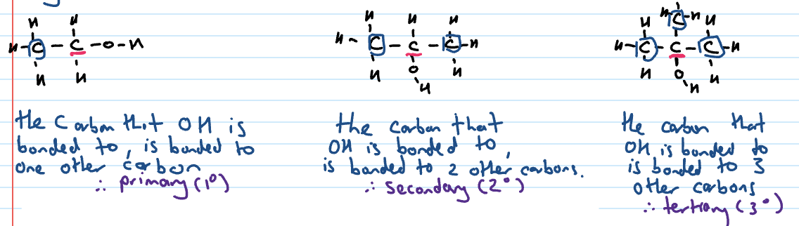 <p>Primary, secondary or tertiary tells us how many C’s are bonded to the C that is bonded to the OH</p>