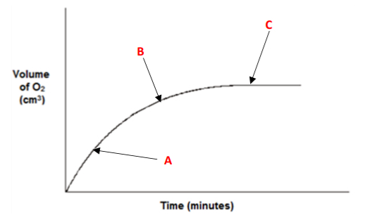 <p> Explain the general trend in the curved obtained when a graph of volume of oxygen vs time is plotted</p>