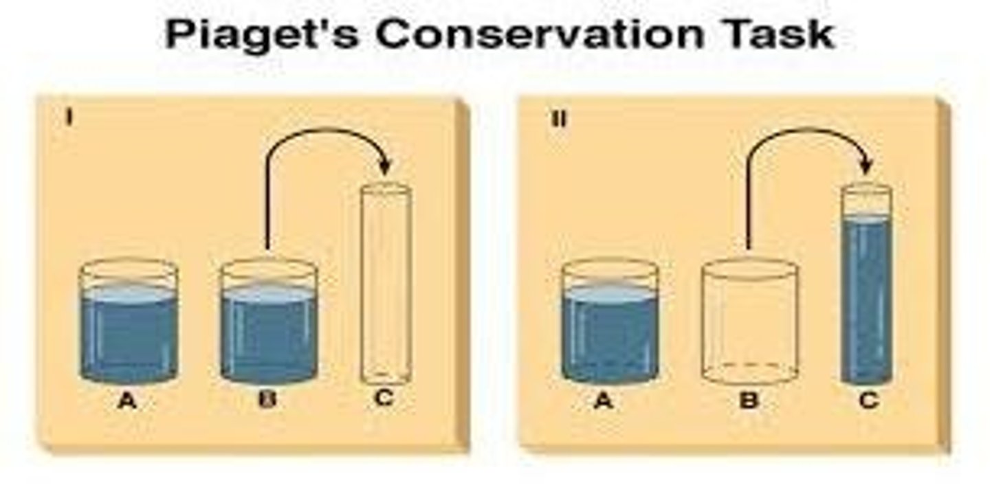 <p>Children exhibit illogical thinking and do not understand conservation (ages 2-6).</p>