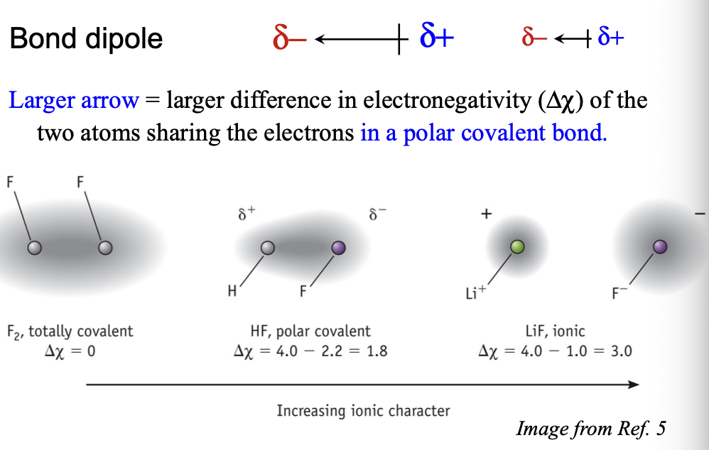 <p>Larger arrow = larger DIFFERENCE in ELECTRONEGATIVITY (Δχ) of the two atoms sharing electrons in a POLAR COVALENT bond </p>