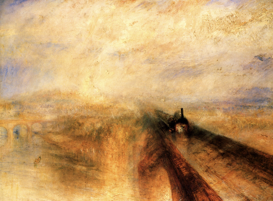 <ul><li><p>Turner</p></li><li><p>industrial revolution → “pushing Europe forward”</p><ul><li><p>celebrate railroad, v. fast (contrast btwn old brige and new, modern bridge on right)</p></li><li><p>loose brush strokes → impressionism</p></li></ul></li><li><p>revolutionary</p></li></ul>