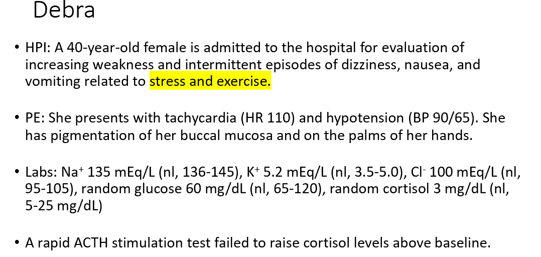 <p>Debra’s clinical presentation, laboratory values, and lack of a response to the rapid ACTH test indicate her deficiency is in the:</p>