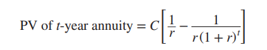 <p>PV of t-year annuity = </p><p>annuity factor is in brackets</p>