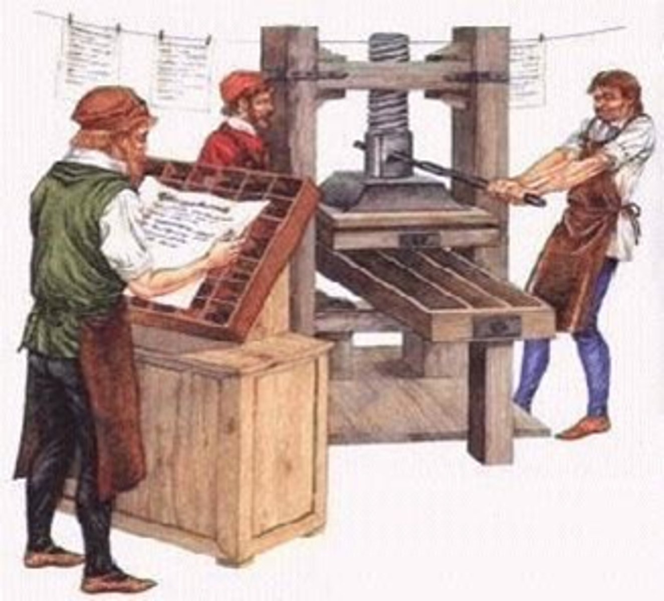 <p>invented by Johannes Gutenberg around 1440, revolutionized the spread of information, as seen in the mass production of the Gutenberg Bible.</p>